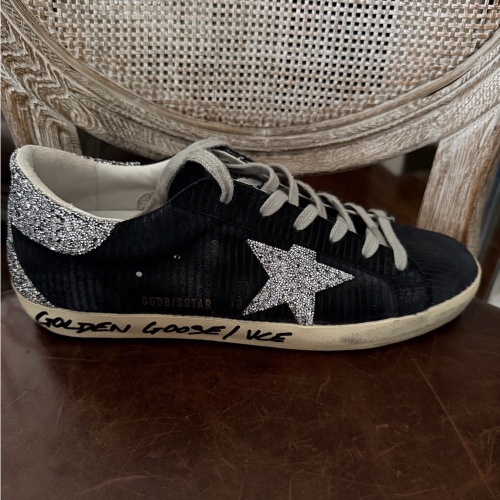 Golden Goose Superstar Black Corduroy Sneakers with Swarovski Crystals Sz 40 EUC